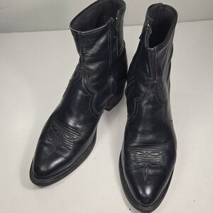 Sage Mens Black Leather Western Ankle Boots Side Zip Pointed Toe Cowboy Boots